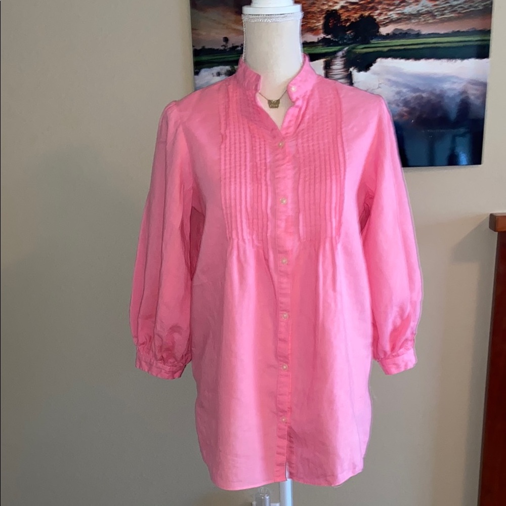 100% Linen Lauren by Ralph Lauren Pink Pintuck Pleated Blouse Balloon Sleeves